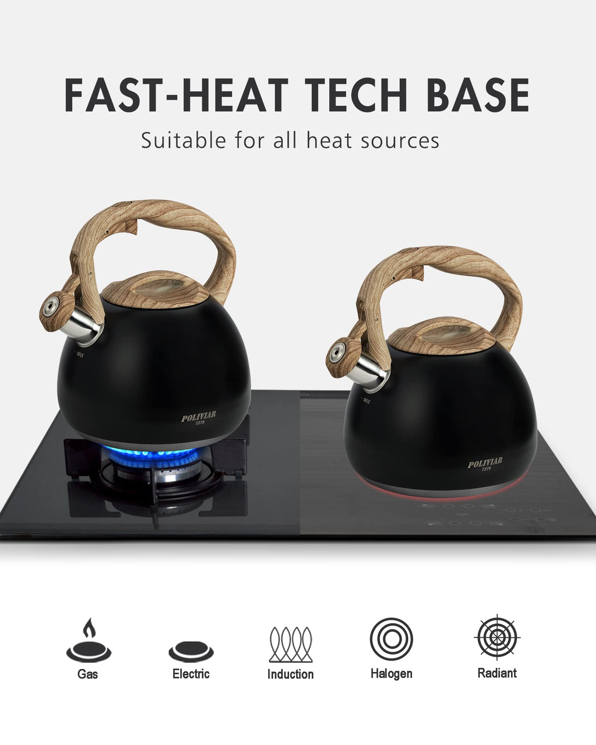 POLIVIAR Tea Kettle, 2.7 Quart Natural Stone Finish with Wood Pattern Handle Loud Whistle Food Grade Stainless Steel Teapot, Anti-Hot Handle and Anti-Rust, Suitable for All Heat Sources (JX2018-GR20)