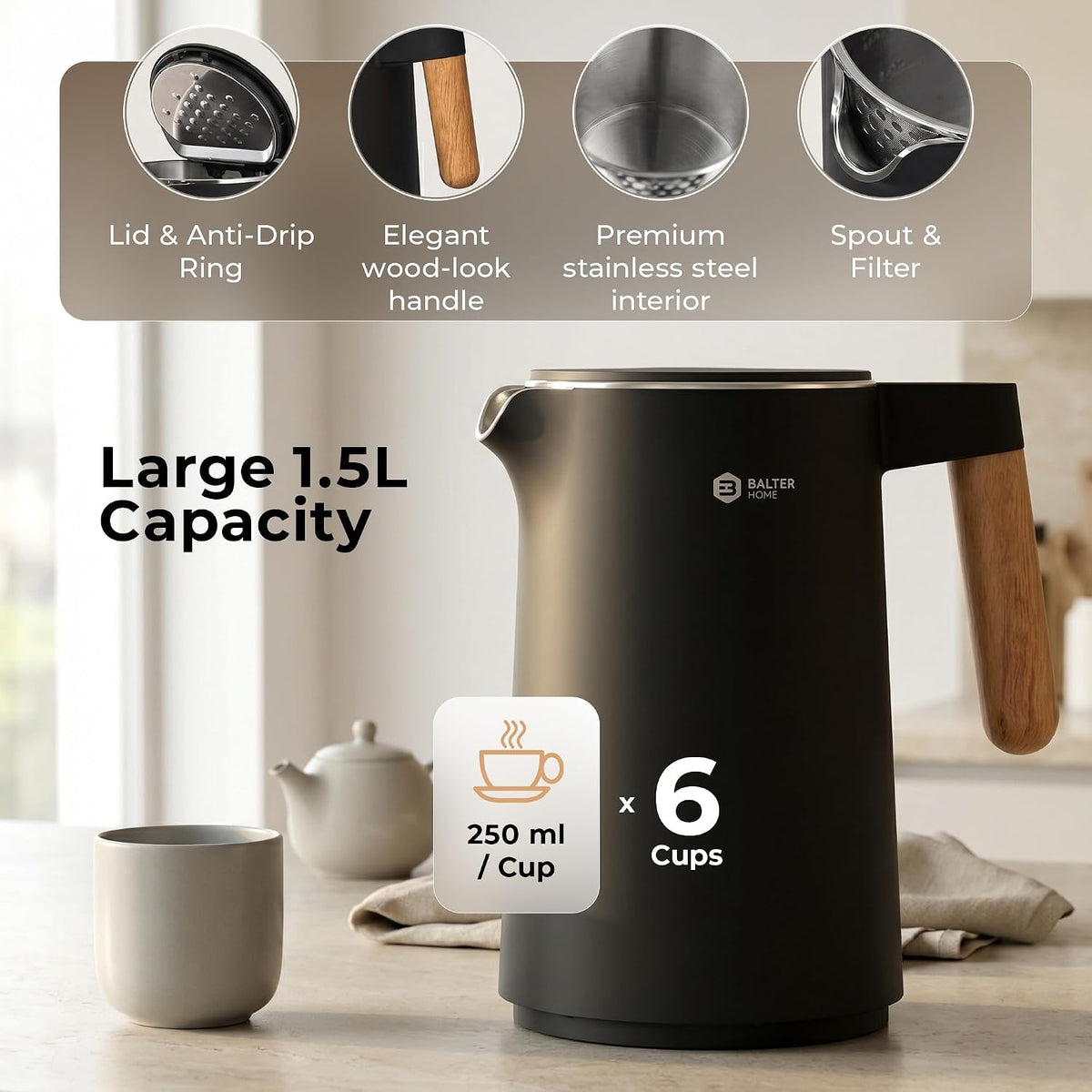 BALTER Electric Kettle with Temperature control, 113 °F – 212 °F, Tea pot, Stainless steel, double wall water kettle, BPA-free, 1.5 L, Black