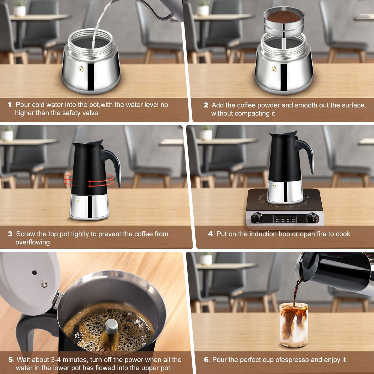 6 Cup Stovetop Espresso Maker Stainless Steel Moka Pot Stove Top Percolator Italian Coffee Makers Capable Mocha Greca Machine Cafe Classic Induction Cookers for Home and Camping 300ml 10oz