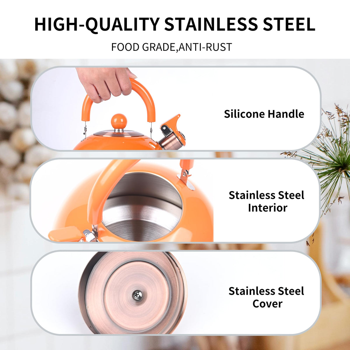 2.6 Quart Yellow Whistling Tea Kettle, Multiple Color Available, Stainless Steel Stovetop Teapot with Cool-Touch Handle, Loud Whistle, Induction Compatible for Gas, Electric & Glass Cooktops
