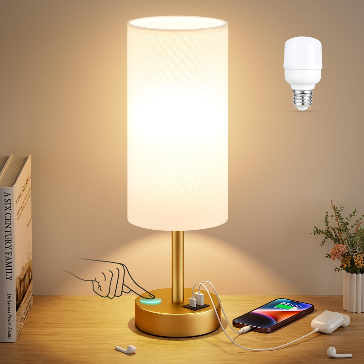 Dicoool Bedside Table Lamp for Bedroom - 3-Way Dimmable Touch Lamp, USB A+C