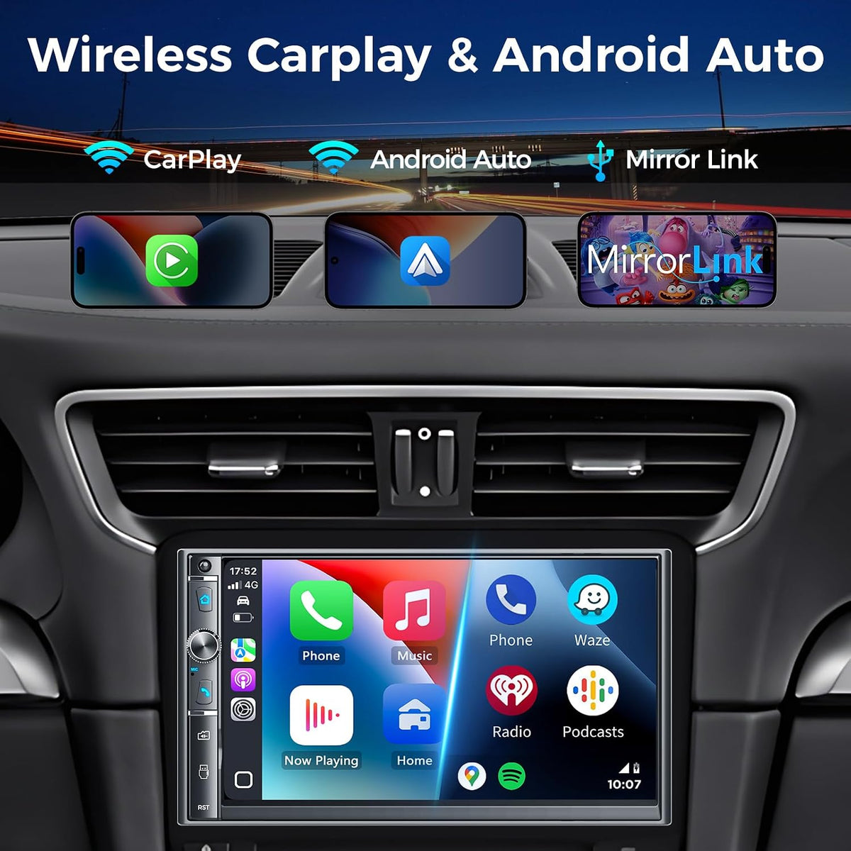 Double Din Car Stereo with 7" HD Touchscreen, Wireless Apple Carplay & Android Auto, Bluetooth, 240W, SWC, Subwoofer Output, Mirror Link, FM/AM Car Radio Receiver, Backup Camera