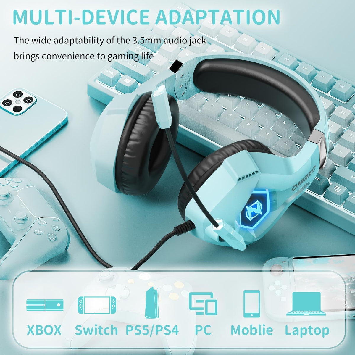 Ozeino Gaming Headset for PC, Ps4, Ps5, Xbox Headset with 7.1 Surround Sound Gaming Headphones with Noise Canceling Mic, LED Light Over Ear Headphones for Switch, Xbox Series X/S, Laptop, Mobile White