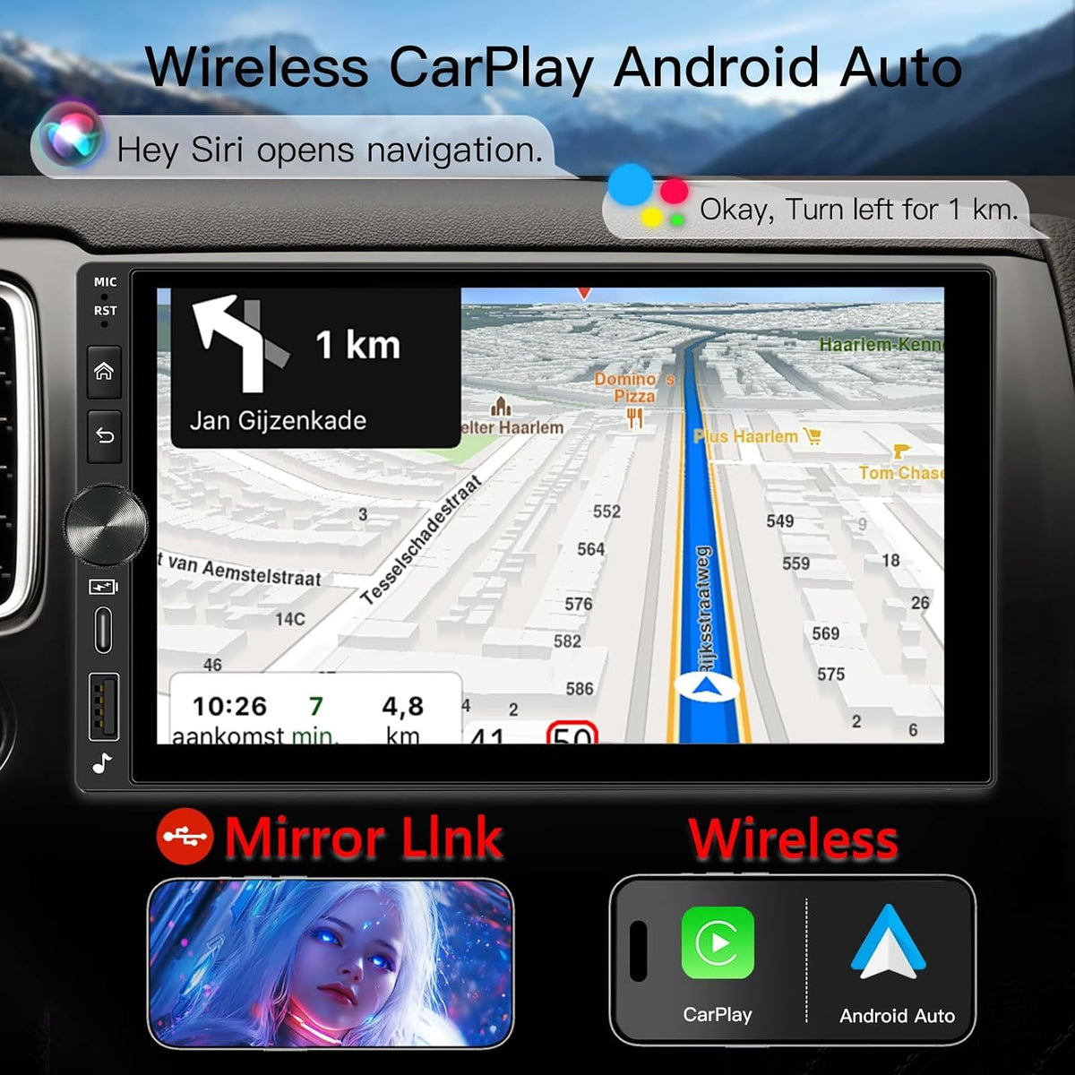7" Double Din Car Stereo, Wireless CarPlay & Android Auto