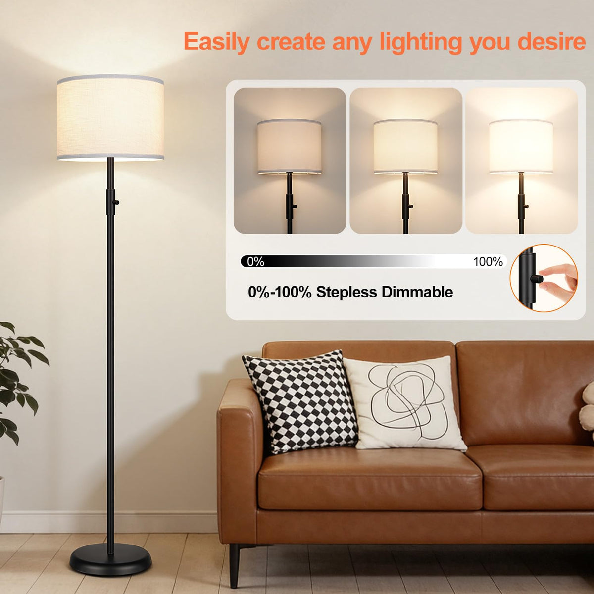 【Upgraded】 Dimmable Floor Lamp for Living Room,1000 Lumens Bulb Included, Modern Floor Lamps Simple Design with Linen Shade, Tall Standing Lamp for Bedroom Office Dining Room, Black Pole Lamp