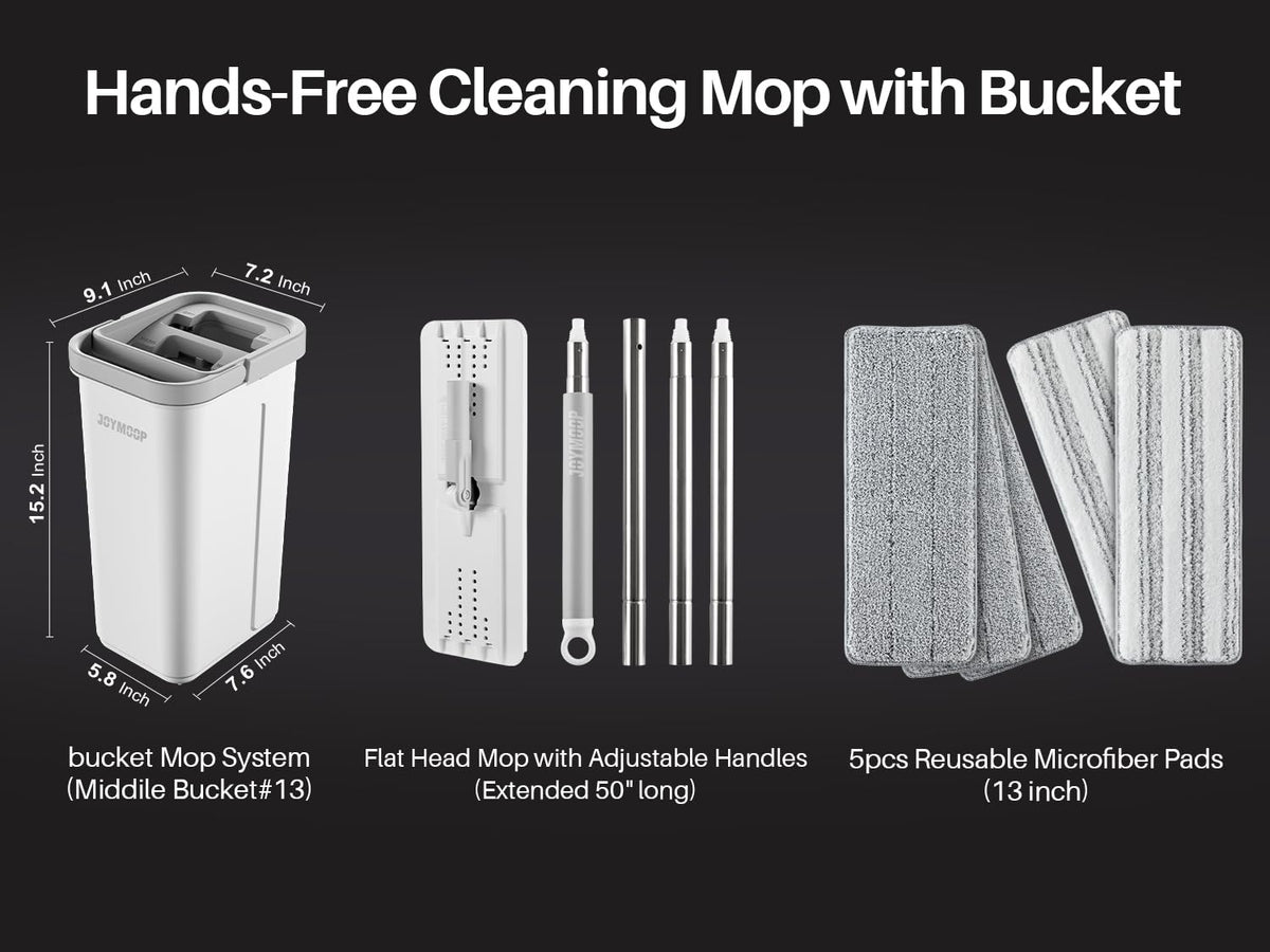 JOYMOOP Flat Mop System, Microfiber Mop and Bucket Set, White, Commercial & Household Use, Hardwood Floor & Wall Cleaning Mop with Long Handle, 4 Microfiber Pads