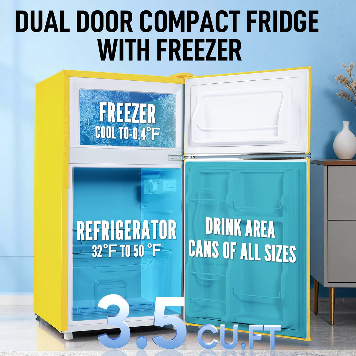 Mini Fridge with Freezer, 3.5 cubic feet 2- Doors Small Refrigerator Features 7 Gear Mechanical Control, Side Bottle Rack, Ideal for Dorm, Kitchen, Apartment, Office, Silver