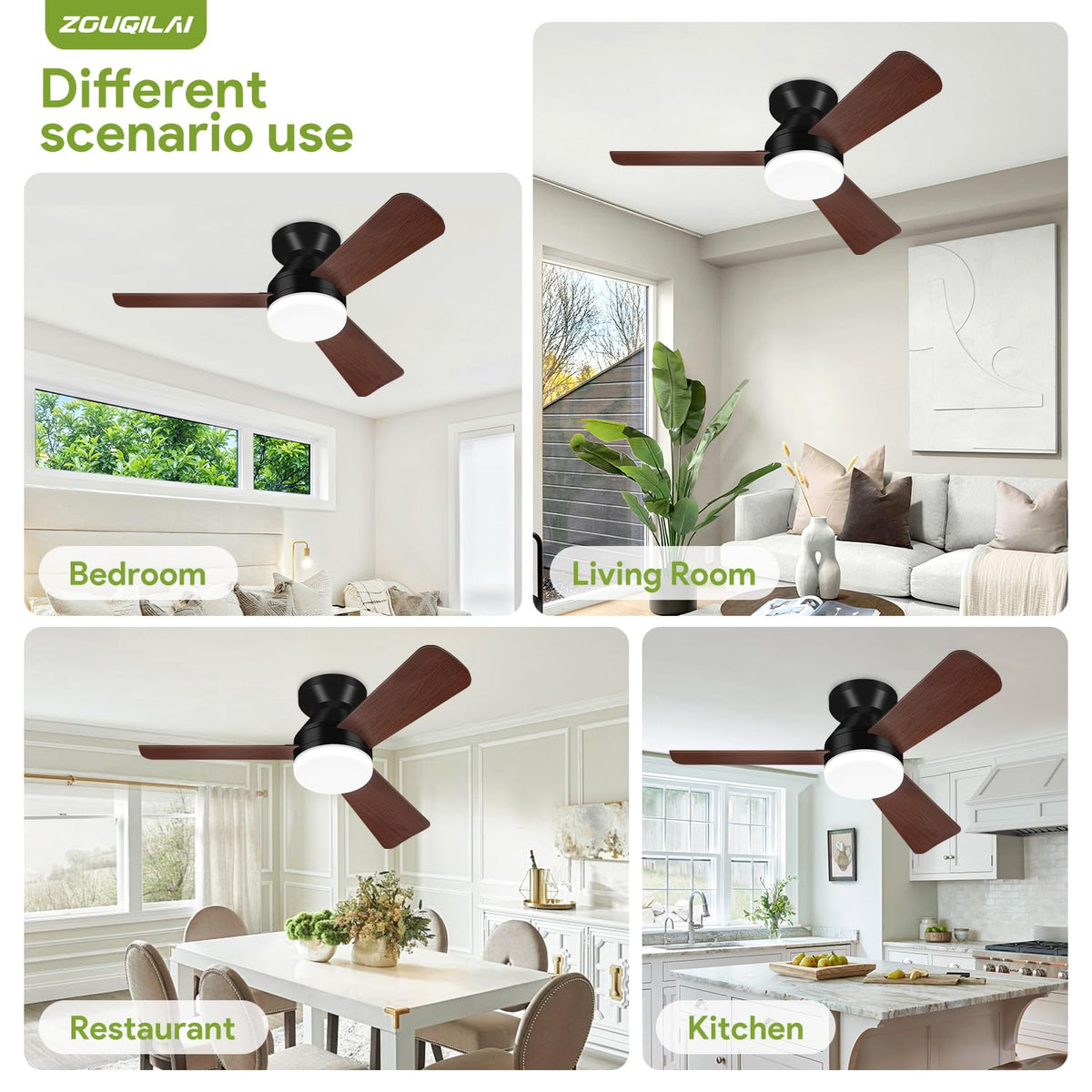 42'' Black Low Profile Ceiling Fans with Lights and Remote Control