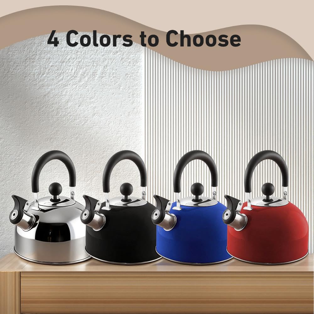 Lily's Home 2 Quart Stainless Steel Whistling Tea Kettle, the Perfect Stovetop Tea and Water Boilers for Your Home, Dorm, Condo or Apartment. (Blue)