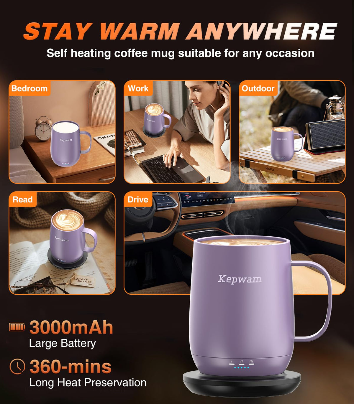 Kepwam Self-Heating Coffee Mug T2, 16oz Electric Heated Mug Hot Up to 149℉
