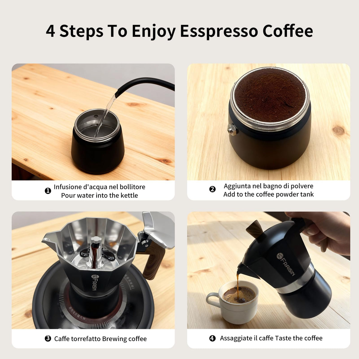 Stovetop Espresso Moka Pot Coffee Maker, Non-slip Wood Grain Handle, Cast Aluminum, Compatible with Gas, and Electric Stoves (Black, 12 cups)
