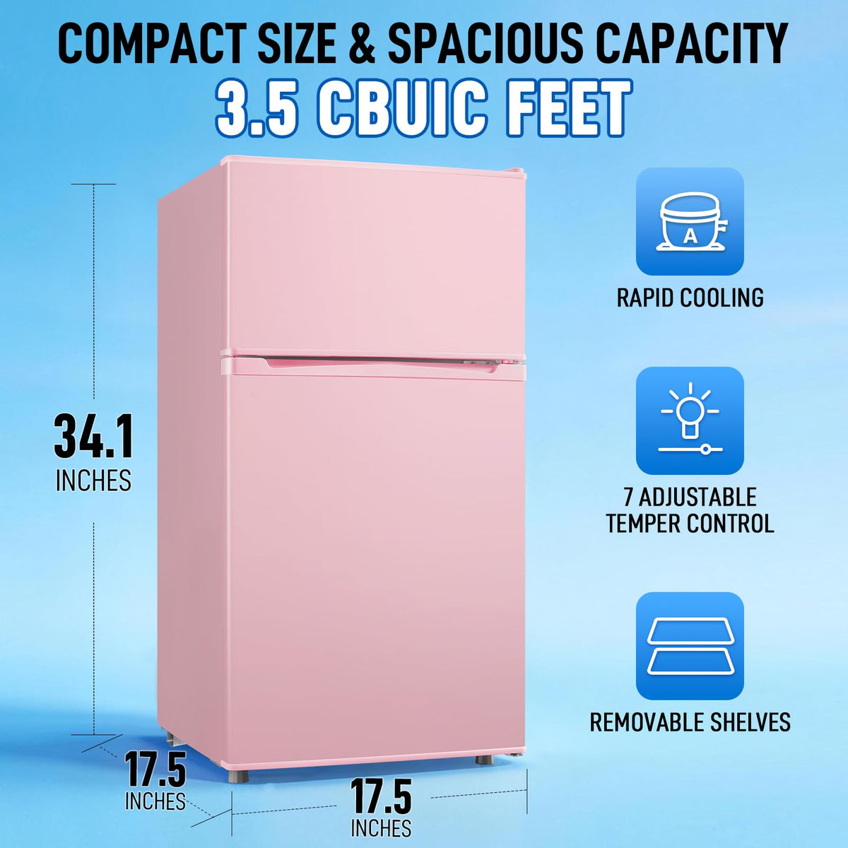 Mini Fridge with Freezer, 3.5 cubic feet 2- Doors Small Refrigerator Features 7 Gear Mechanical Control, Side Bottle Rack, Ideal for Dorm, Kitchen, Apartment, Office, Silver