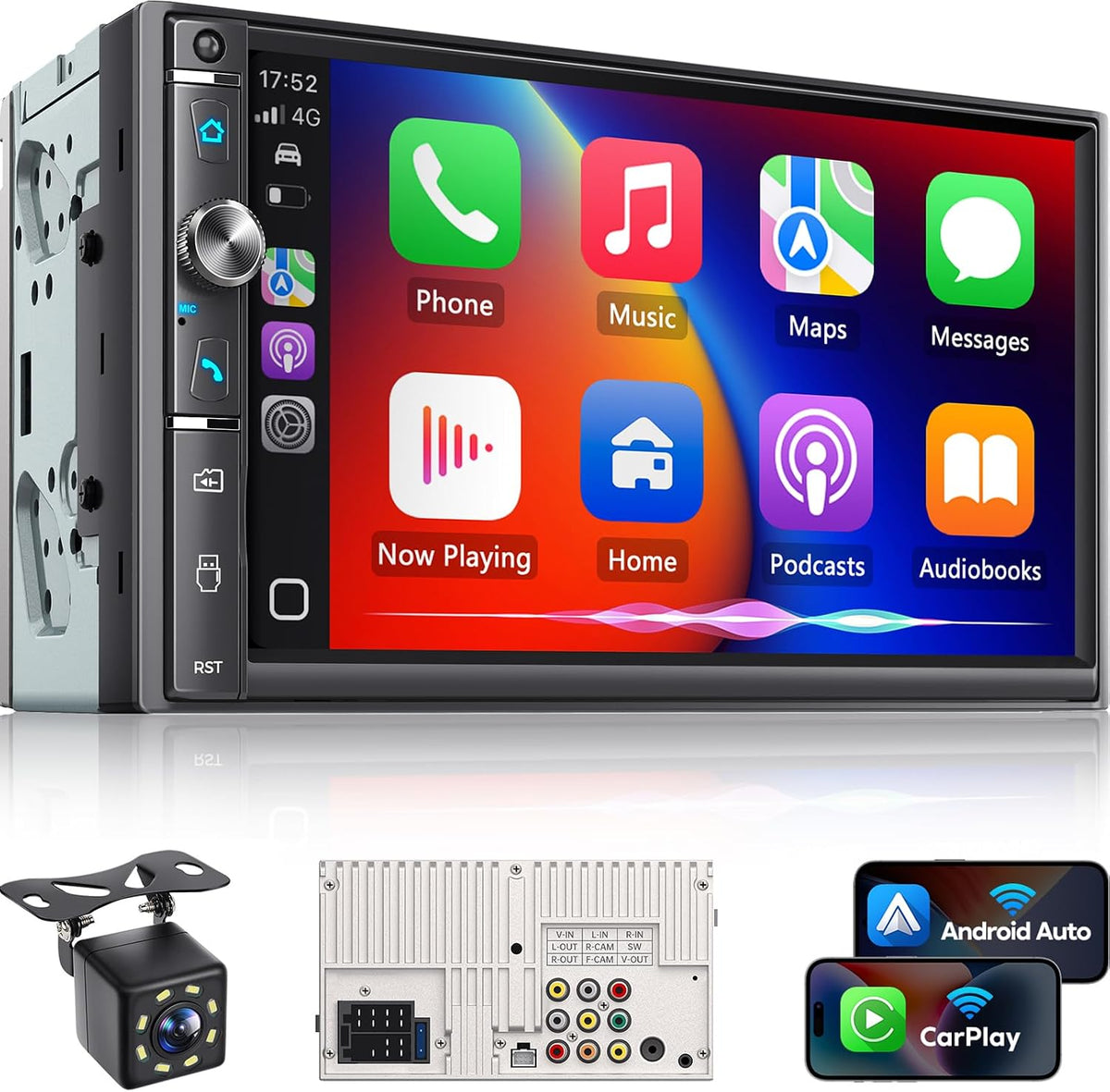 Double Din Car Stereo with 7" HD Touchscreen, Wireless Apple Carplay & Android Auto, Bluetooth, 240W, SWC, Subwoofer Output, Mirror Link, FM/AM Car Radio Receiver, Backup Camera