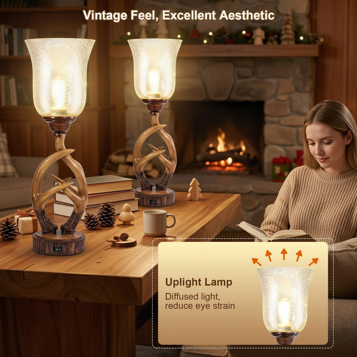 Scenekoy Deer Antler Table Lamp Set of 2 with Nightlight for Living Room