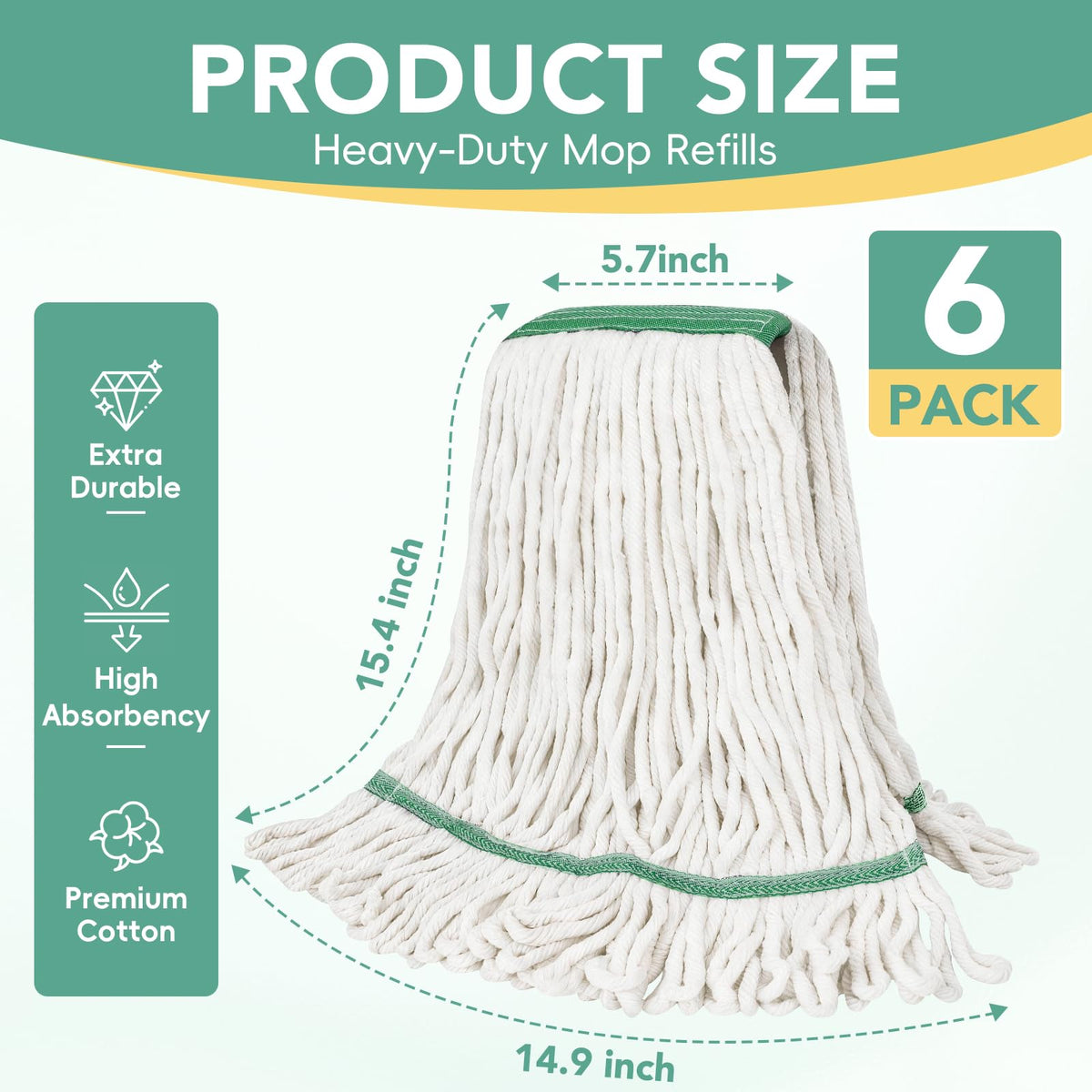 6 Pack Commercial Mop Head Replacement – Heavy Duty Mop Head for General and Floor Cleaning | Industrial Wet Mops | Washable Refill, Reusable, Looped End Mopheads | Hardwood, Concrete