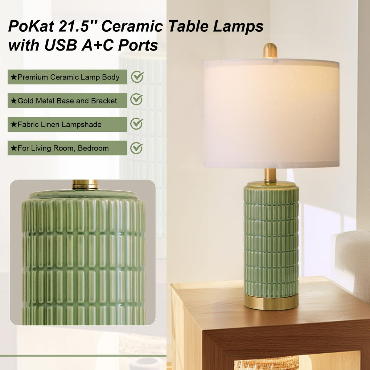 PoKat 20.75" Small Modern Ceramic Table Lamps Set of 2 for Bedroom, White