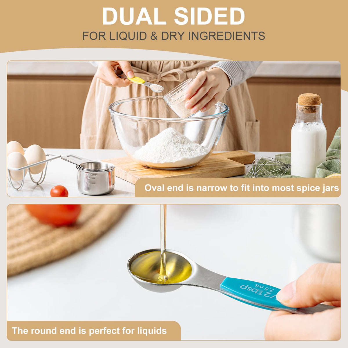 EWFEN Measuring Cups and Spoons Set, 7 Stainless Steel Nesting Measuring Cups & 7 Spoons, 5 Mini Measuring Spoons &1 Leveler, Kitchen Gadgets for Cooking & Baking, Square