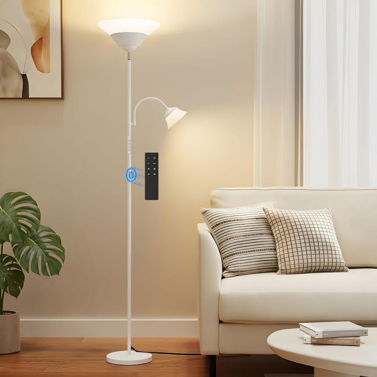 SIBRILLE 2-in-1 Torchiere Floor Lamp, 34W Super Bright LED Standing Lamp with Remote & Touch Control, 72" Dimmable Adjustable Corner Reading Lamp for Living Room, Bedroom, Office, Black