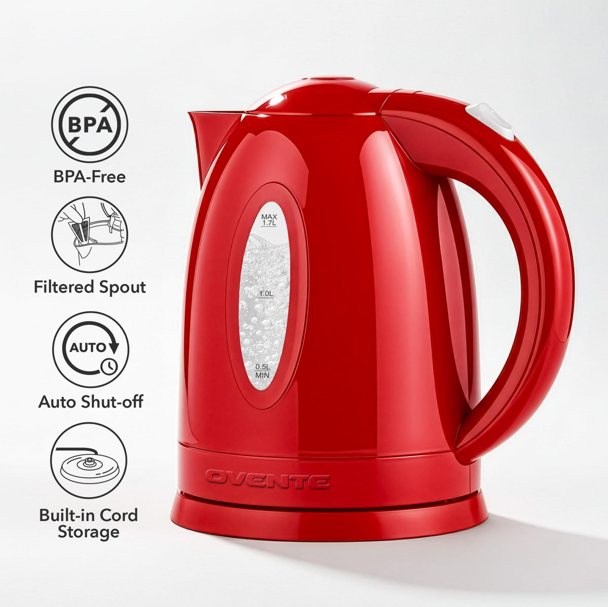 OVENTE 1.7L Electric Tea Kettle, Fast Boiling Water Heater, White KP72W