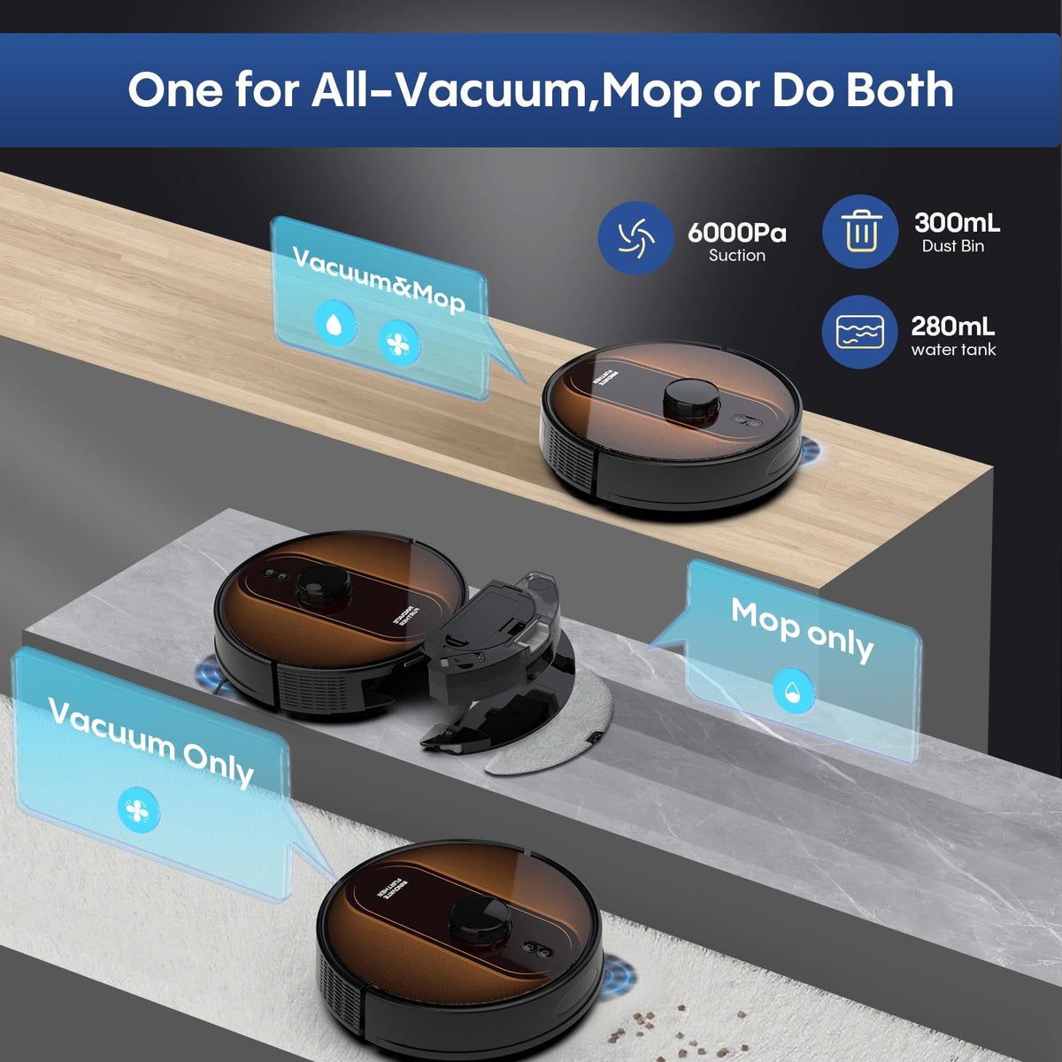 Robot Vacuum and Mop Combo, 6000Pa Powerful Suction, LiDAR, Self-Emptying