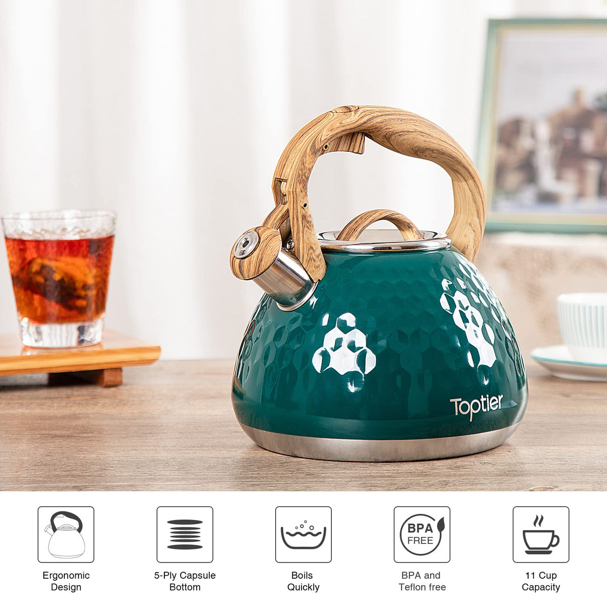 Tea Kettle, Toptier Teapot Whistling Kettle with Wood Pattern Handle Loud Whistle, Food Grade Stainless Steel Tea Pot for Stovetops Induction Water Kettle, 2.7-Quart Butterfly