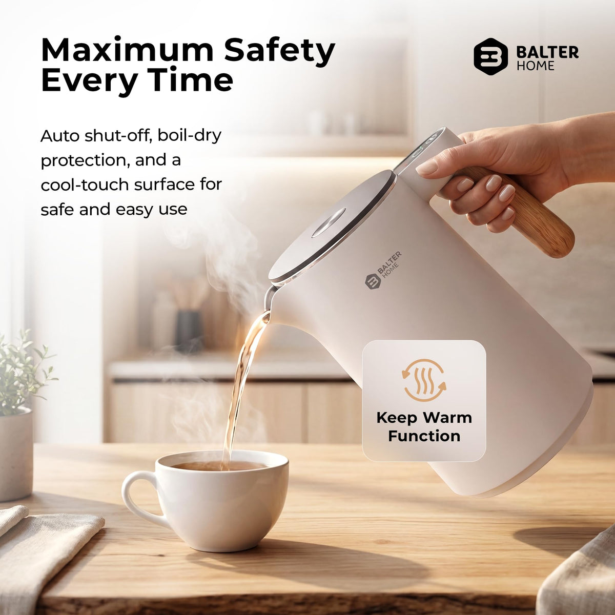BALTER Electric Kettle with Temperature control, 113 °F – 212 °F, Tea pot, Stainless steel, double wall water kettle, BPA-free, 1.5 L, Black