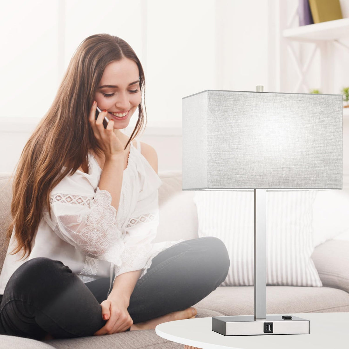 Lynnoland Set of 2 Touch Control Table Lamps with 2 USB & AC Outlet, 3-Way Dimmable Bedside Nightstand Lamps for Bedroom Living Room Nursery, 800 Lumens 5000K Daylight Bulbs Included