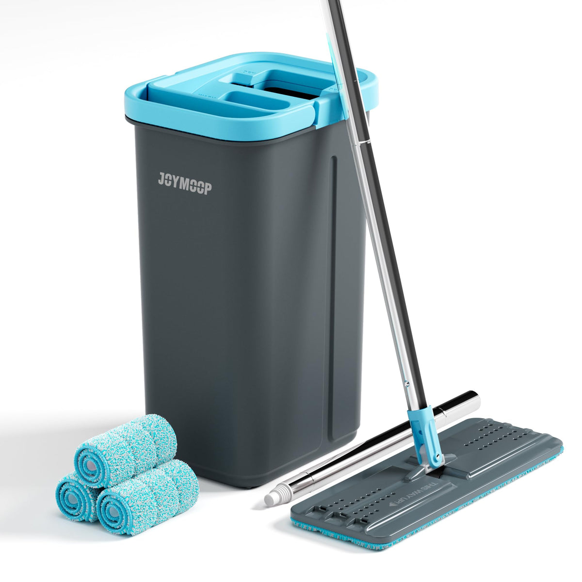 JOYMOOP Flat Mop System, Microfiber Mop and Bucket Set, White, Commercial & Household Use, Hardwood Floor & Wall Cleaning Mop with Long Handle, 4 Microfiber Pads