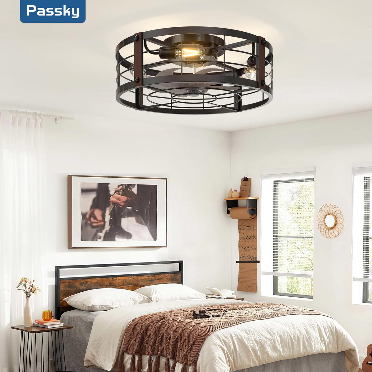 Passky 20" Caged Ceiling Fans with Lights and Remote, Low Profile Fandelier