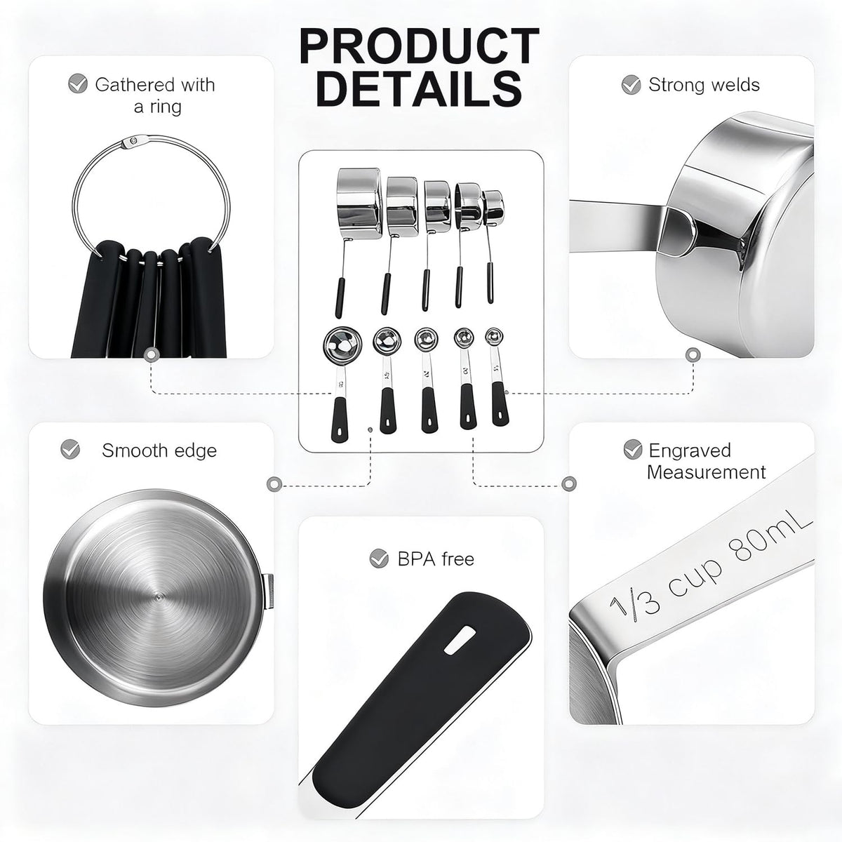 10-Pcs Stainless Steel Measuring Cups & Spoons Set, Colorful Handles