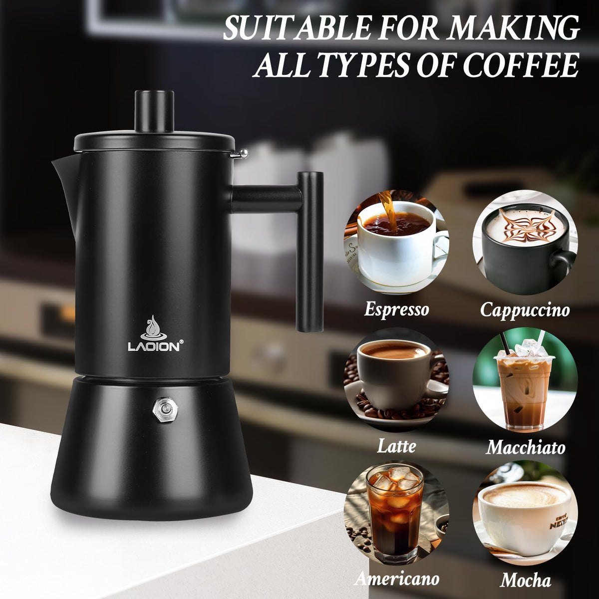 LAOION Stovetop Espresso Maker, 6Cup 10 oz Moka Pot, Stainless Steel