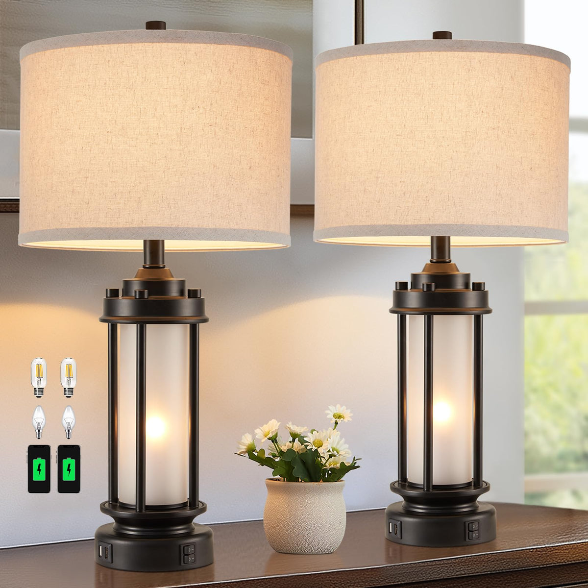 AIEAMPDO 25'' Set of 2 Farmhouse Table Lamps for Living Room with USB C+A