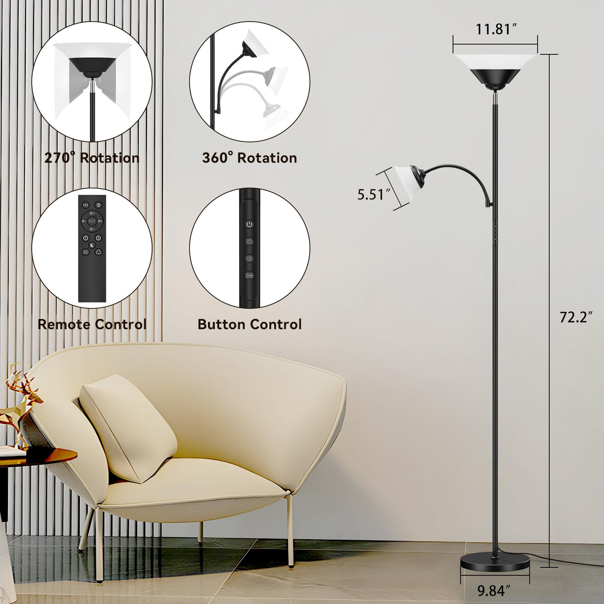 SIBRILLE 2-in-1 Torchiere Floor Lamp, 34W Super Bright LED Standing Lamp with Remote & Touch Control, 72" Dimmable Adjustable Corner Reading Lamp for Living Room, Bedroom, Office, Black