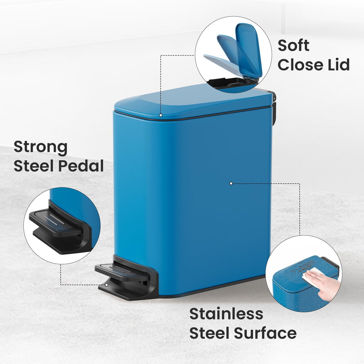 Cesun Small Bathroom Trash Can with Lid, 1.6 Gal, Soft Close, Matte Black