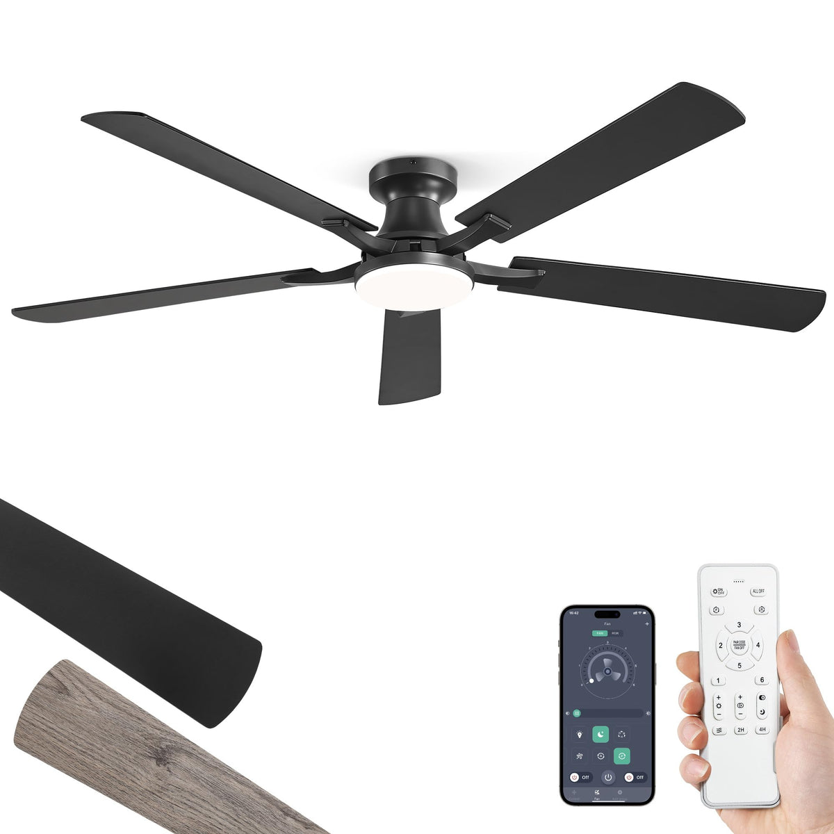 ZMISHIBO 52 Inch Ceiling Fans with Lights, Remote&App Control, Flush Mount