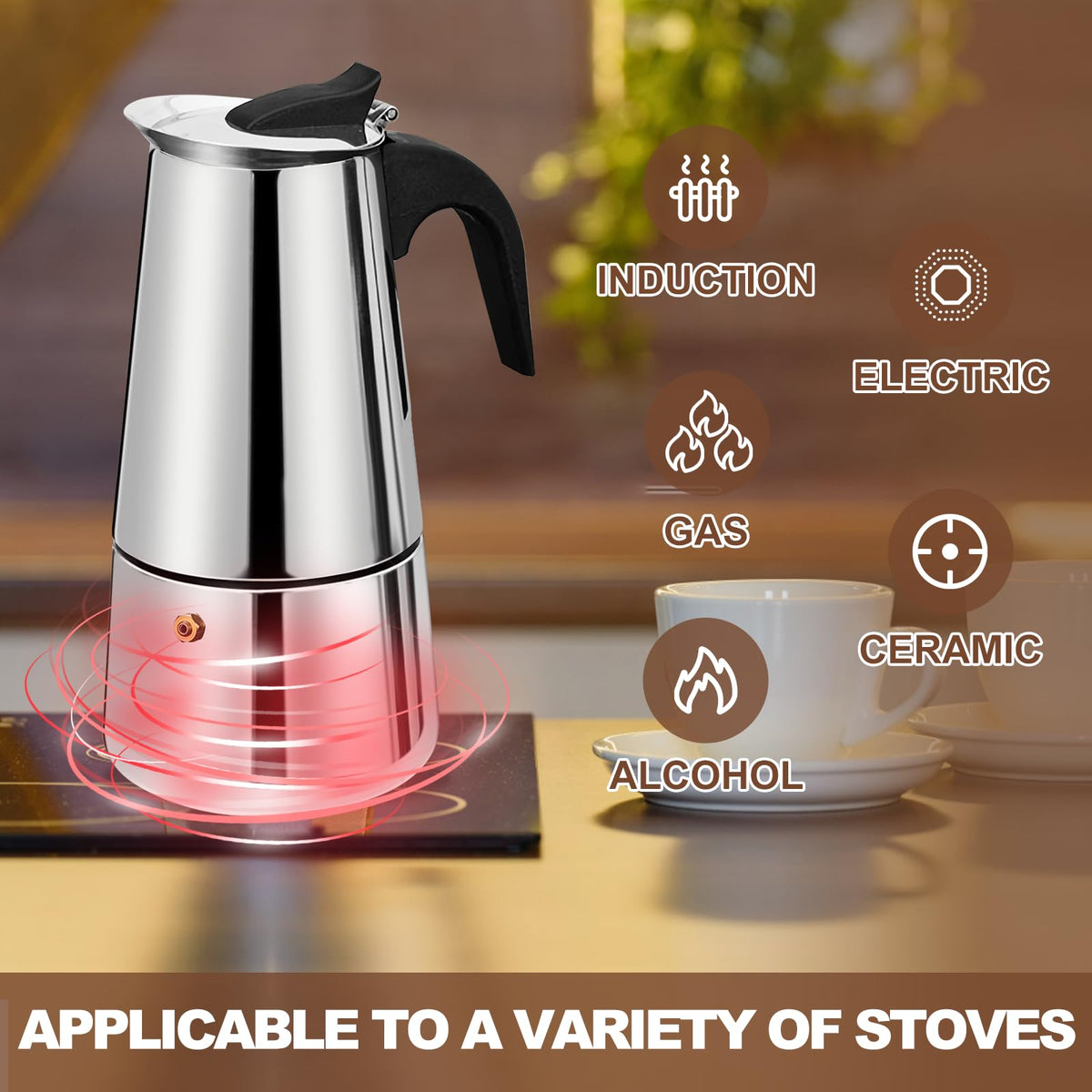 6 Cup Stovetop Espresso Maker Stainless Steel Moka Pot Stove Top Percolator Italian Coffee Makers Capable Mocha Greca Machine Cafe Classic Induction Cookers for Home and Camping 300ml 10oz