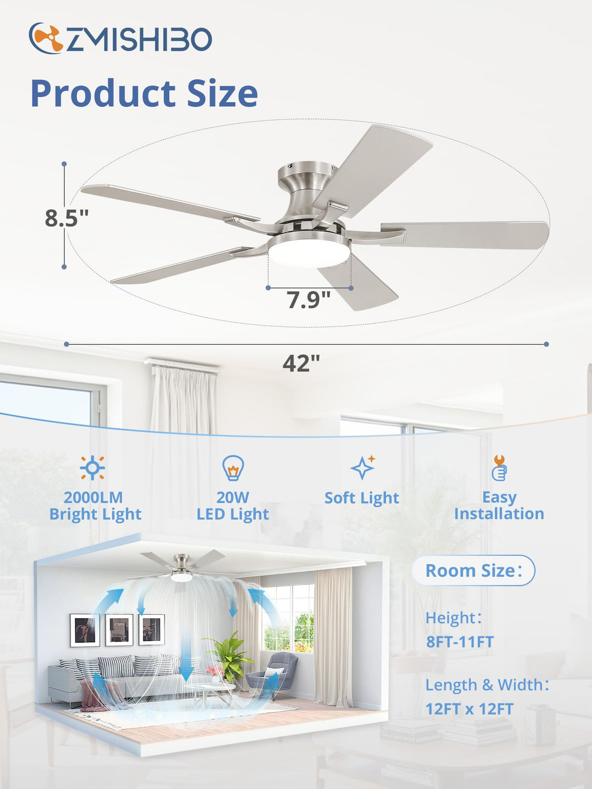 ZMISHIBO 52 Inch Ceiling Fans with Lights, Remote&App Control, Flush Mount