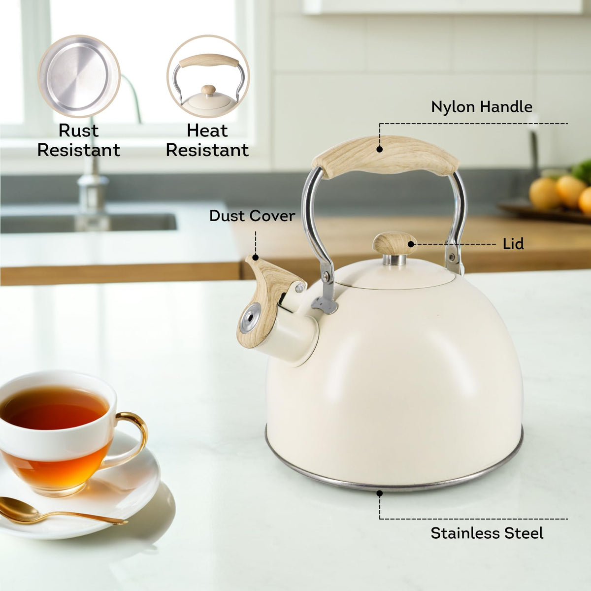 Lily's Home 2 Quart Stainless Steel Whistling Tea Kettle, the Perfect Stovetop Tea and Water Boilers for Your Home, Dorm, Condo or Apartment. (Blue)