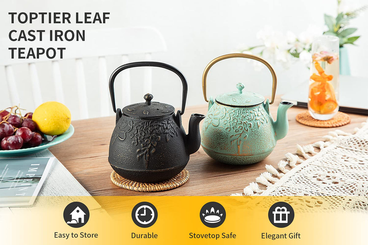 TOPTIER Japanese Teapot with Stainless Steel Infuser, Cast Iron Tea Kettle Stovetop Safe, Leaf Design Coated with Enameled Interior for 32 Ounce (950 ml), Light Green