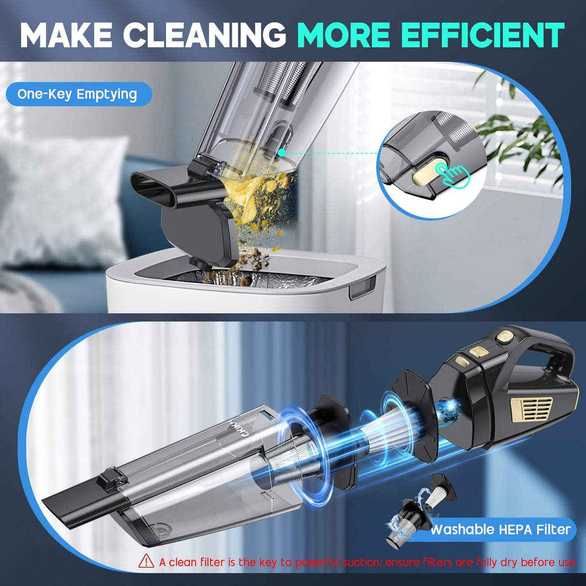 CKIKH Handheld Vacuum Cordless, 15000PA Hand Held Car Vacuum Cleaner