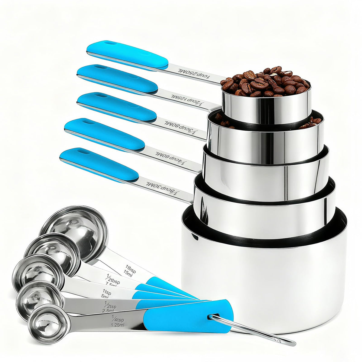 10-Pcs Stainless Steel Measuring Cups & Spoons Set, Colorful Handles