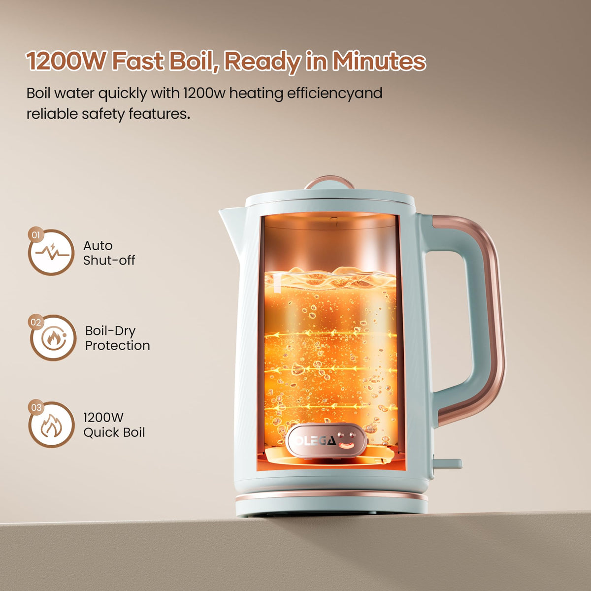 OLEGA Electric Kettle: 1200W Fast Boil Electric Water Kettles, 1.5L Double Wall Stainless Steel Tea Kettle, Auto Shut-Off, BPA-Free Hot Water Boiler Teapot for Coffee & Tea -Ligth Green