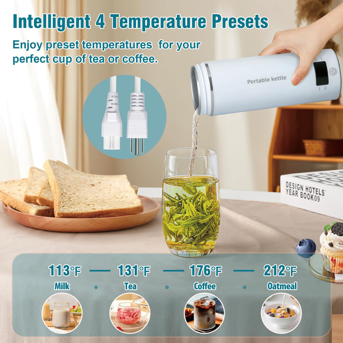 Portable Electric Kettle for Travel 120V, 13.5oz, 4 Temp Settings