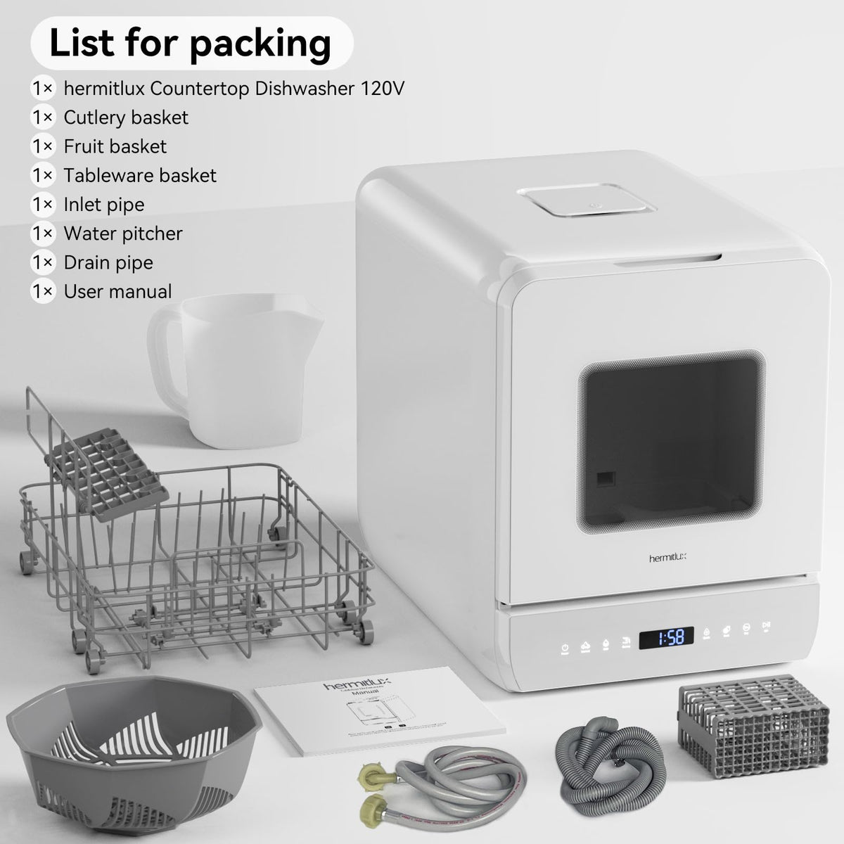 Hermitlux Countertop Dishwasher, 5 Place Settings Portable Dishwashers Mini