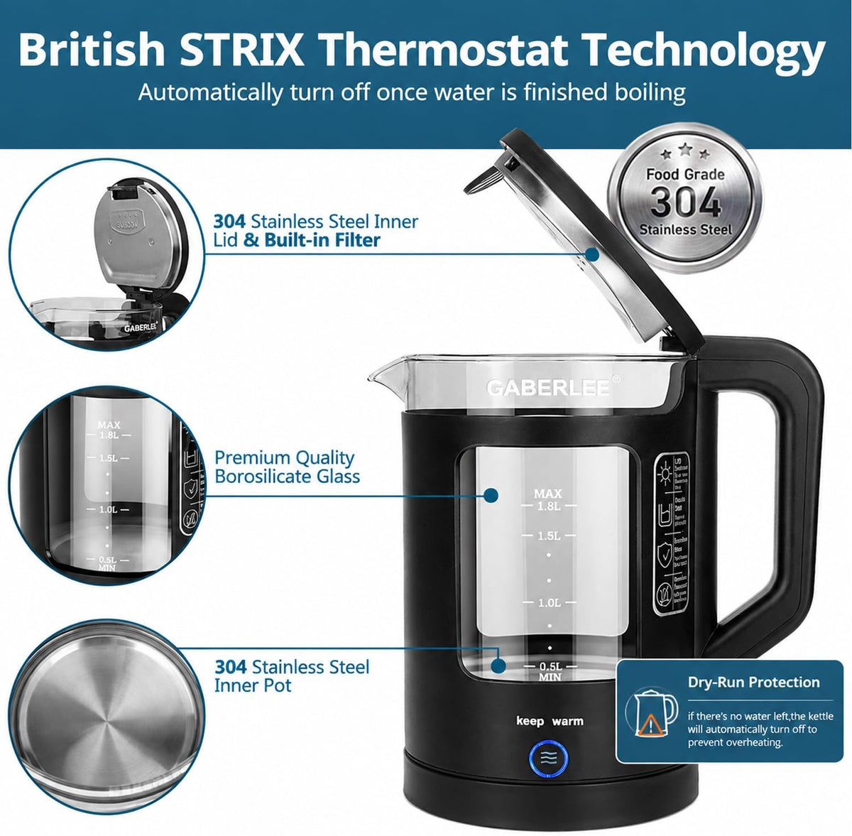 Electric Kettle, 1.8L Glass Tea Kettle with Keep Warm Function