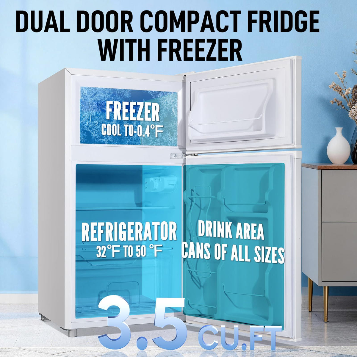 Mini Fridge with Freezer, 3.5 cubic feet 2- Doors Small Refrigerator Features 7 Gear Mechanical Control, Side Bottle Rack, Ideal for Dorm, Kitchen, Apartment, Office, Silver