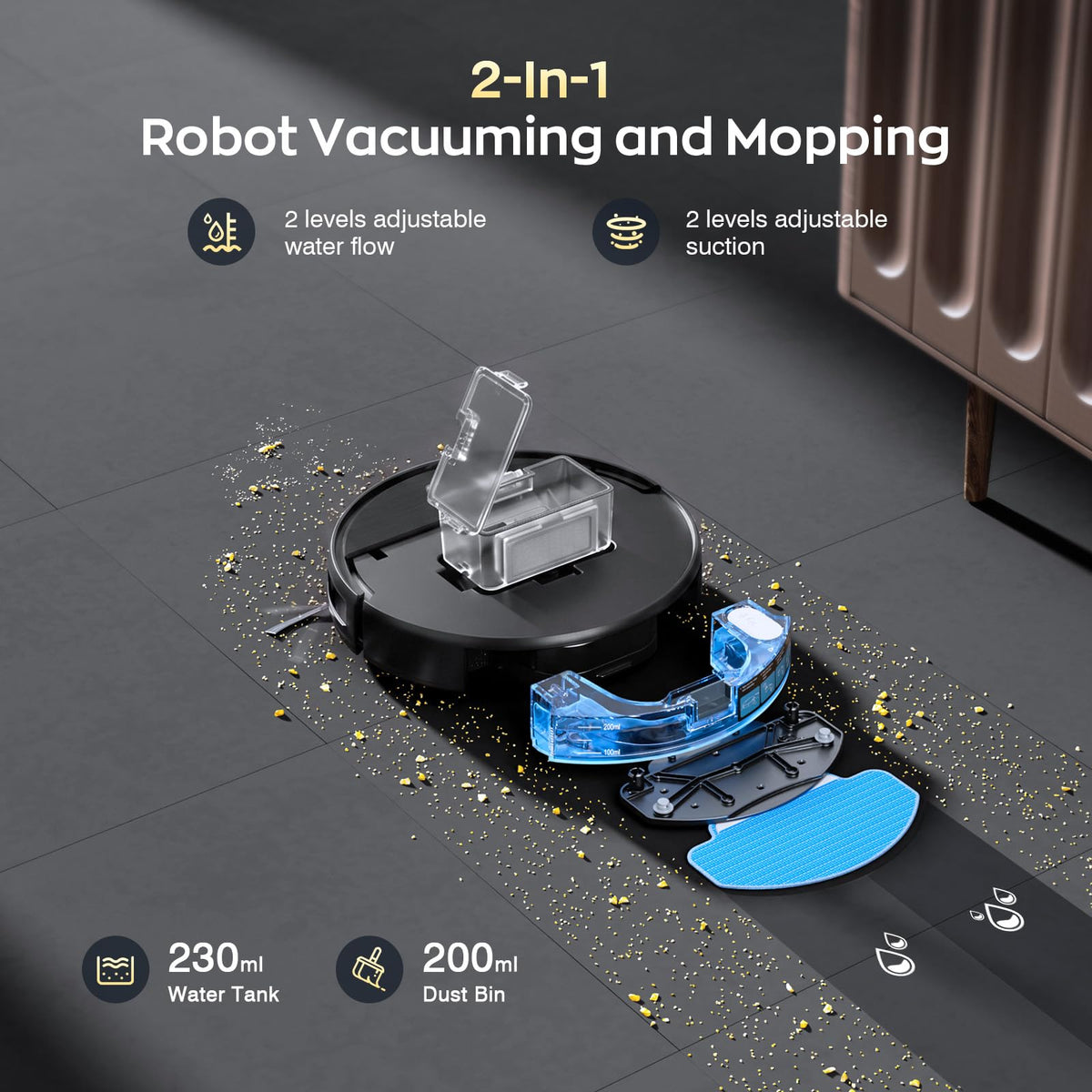 Robot Vacuum and Mop, Strong Suction, App Control, Pet Hair, Self-Charging