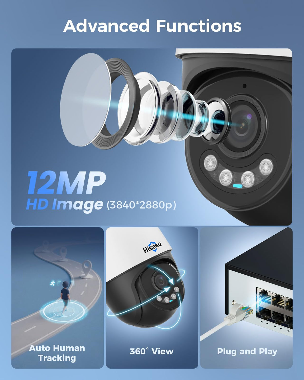 【Human Track】Hiseeu 4K PoE PTZ Security Camera System, 6pcs 5MP PTZ Cameras