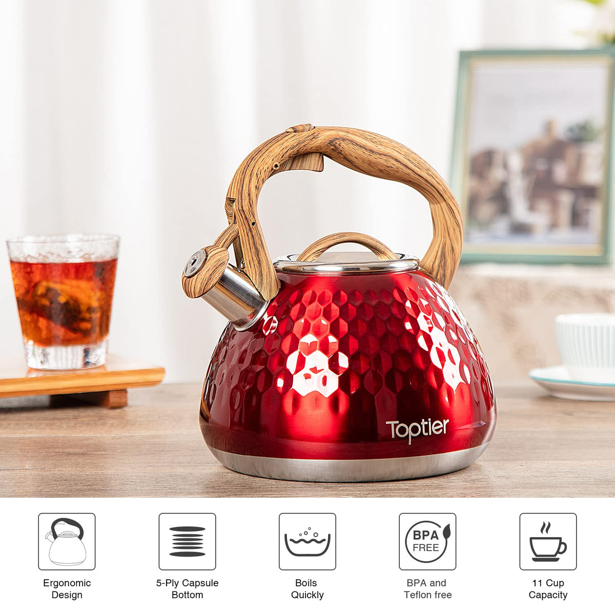 Tea Kettle, Toptier Teapot Whistling Kettle with Wood Pattern Handle Loud Whistle, Food Grade Stainless Steel Tea Pot for Stovetops Induction Water Kettle, 2.7-Quart Butterfly