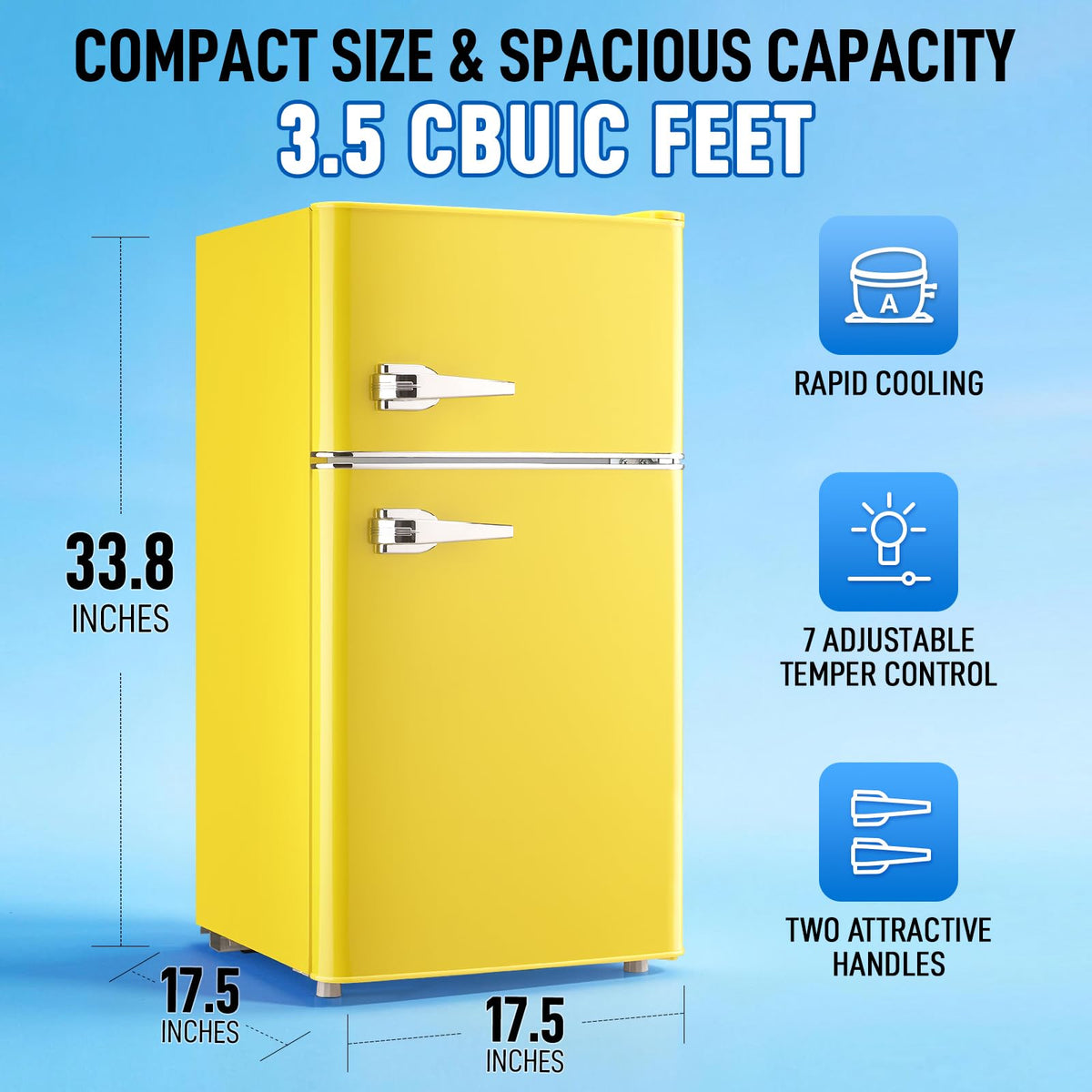 Mini Fridge with Freezer, 3.5 cubic feet 2- Doors Small Refrigerator Features 7 Gear Mechanical Control, Side Bottle Rack, Ideal for Dorm, Kitchen, Apartment, Office, Silver